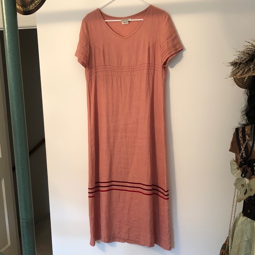 6 S/M 100% Linen Dress Vintage Modest Short Sleeve Maxi V Neck